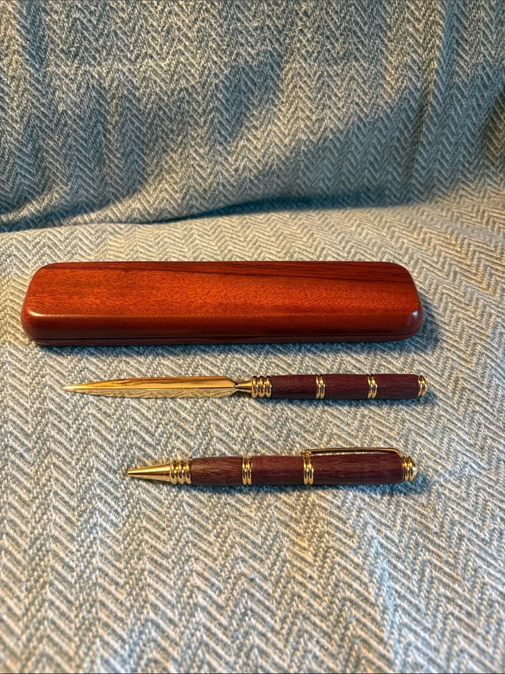 Wooden Ballpoint Pen and Letter Opener Set with Case - Mahogany Tone