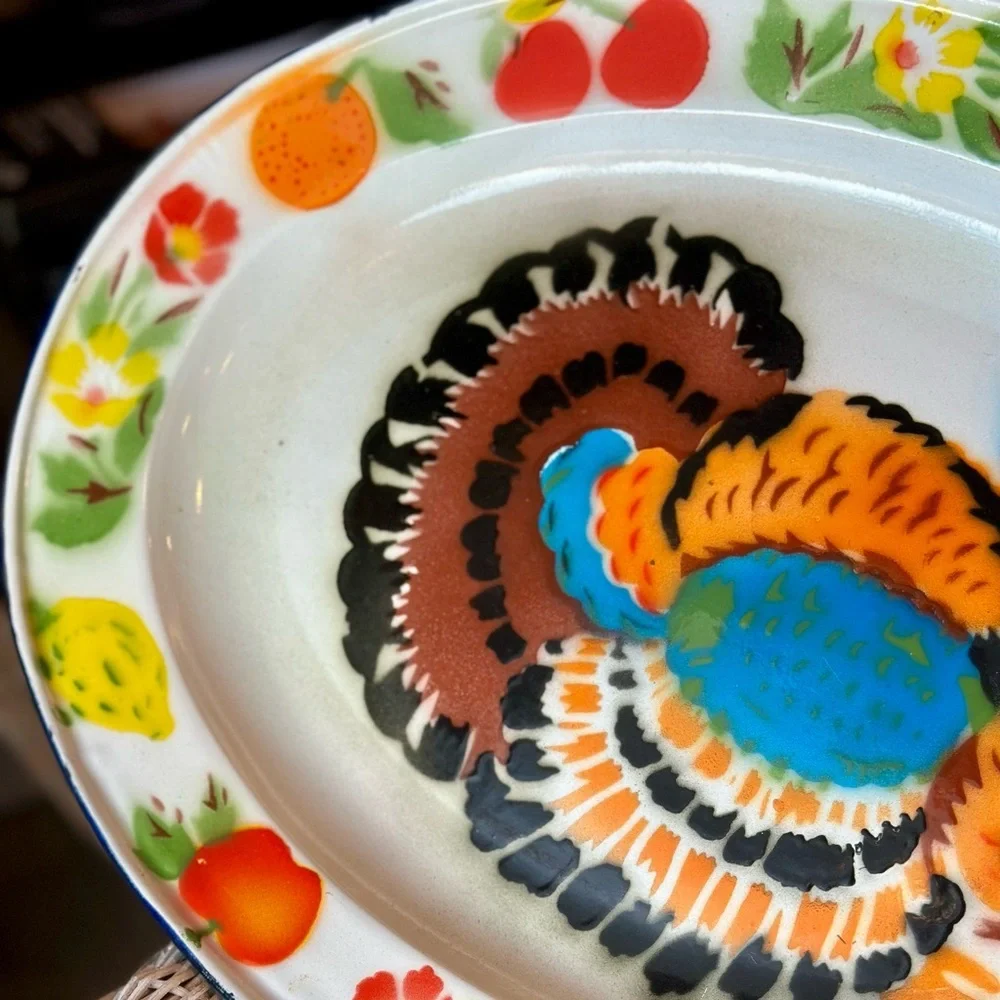 Retro Enameled Metal Colorful Turkey Design Platter for Summer or Holiday