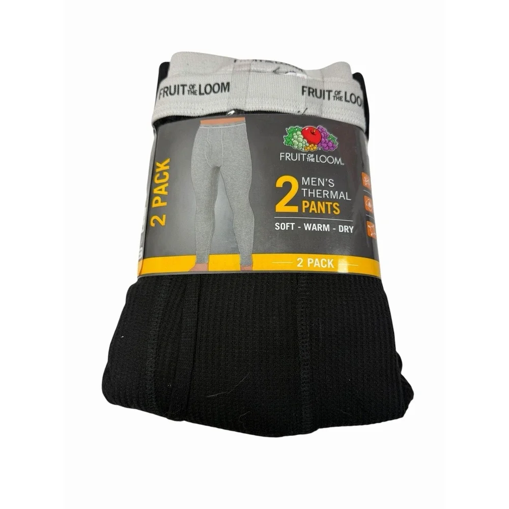 fruit of the loom mens black 2 pairs thermal pants size large 36-38 in