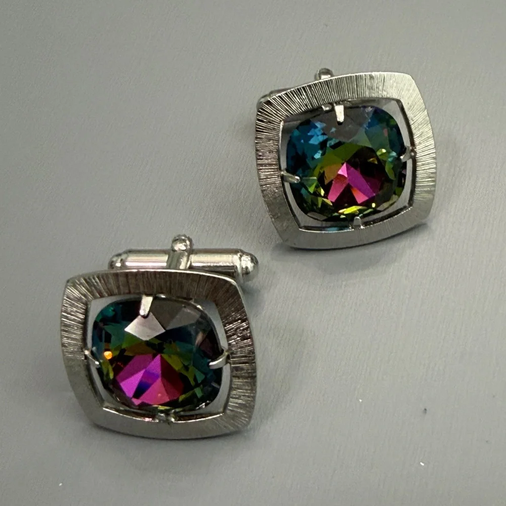 Vintage Anson Silver Set Watermelon Rhinestone Mid Century Modern Cufflinks