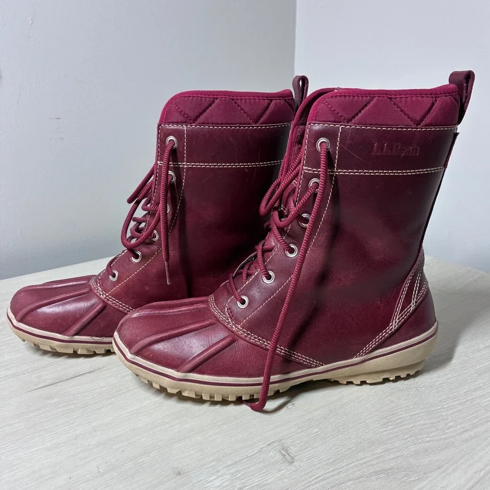 LL Bean Storm Chaser Boots Burgundy Leather Lace Up Duck Boots Womens 7.5