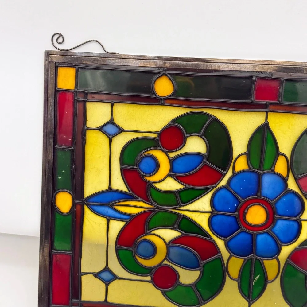 Vintage Stained Glass Window Panel Suncatcher Floral Leaded Metal Frame 18x12