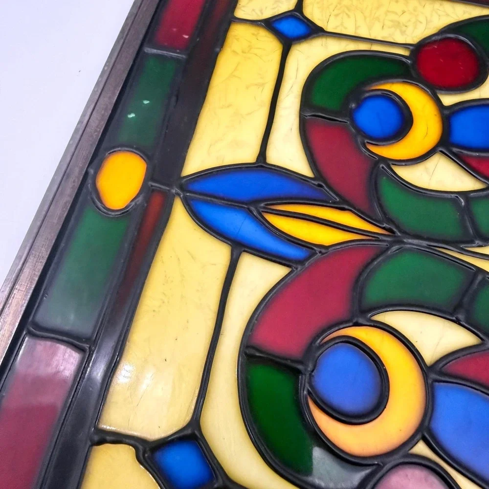 Vintage Stained Glass Window Panel Suncatcher Floral Leaded Metal Frame 18x12