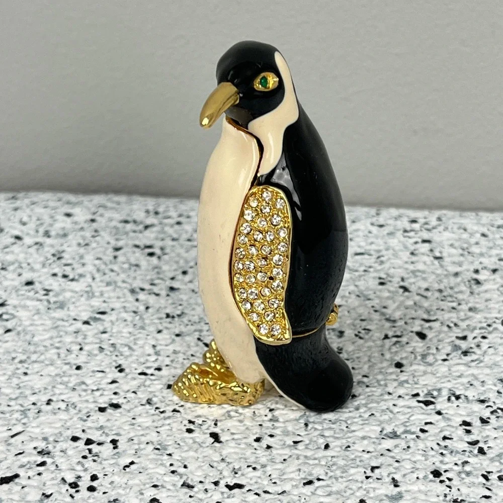 Penguin Trinket Box‎ Enameled Metal Rhinestone Hinged Collectible