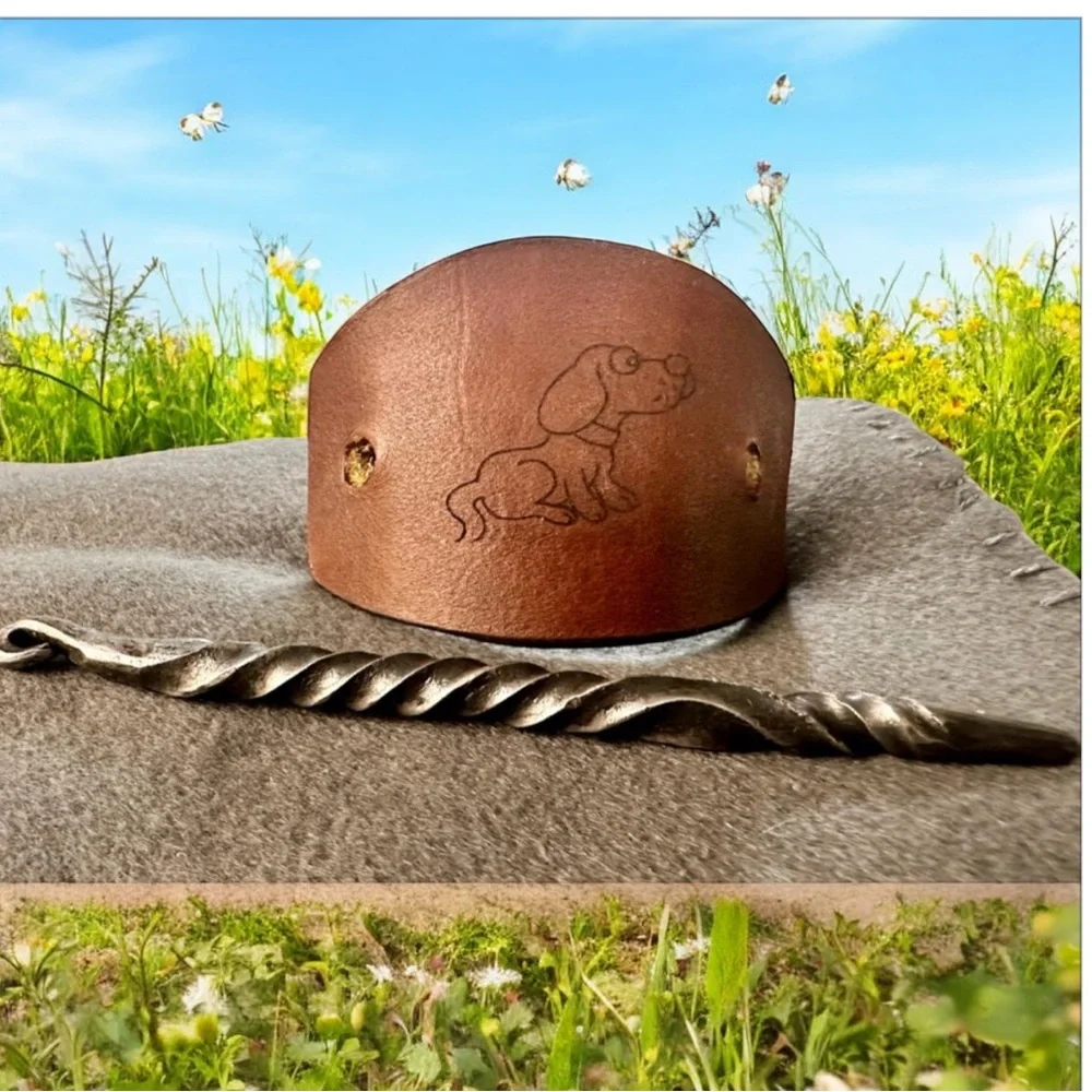 Brown Leather Hair Barrette with Metal Pin and Dog New