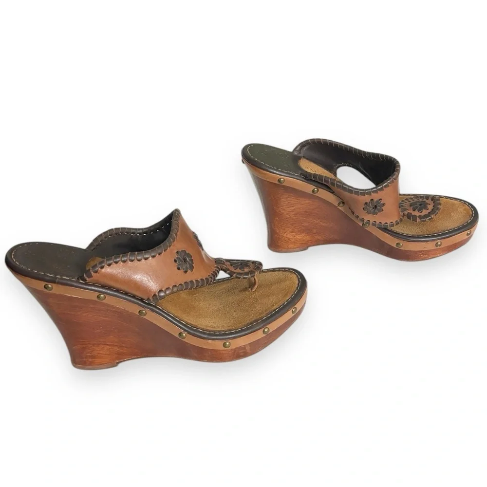 JACK ROGERS Marbella Wooden Wedge Whipstitched Leather Sandals