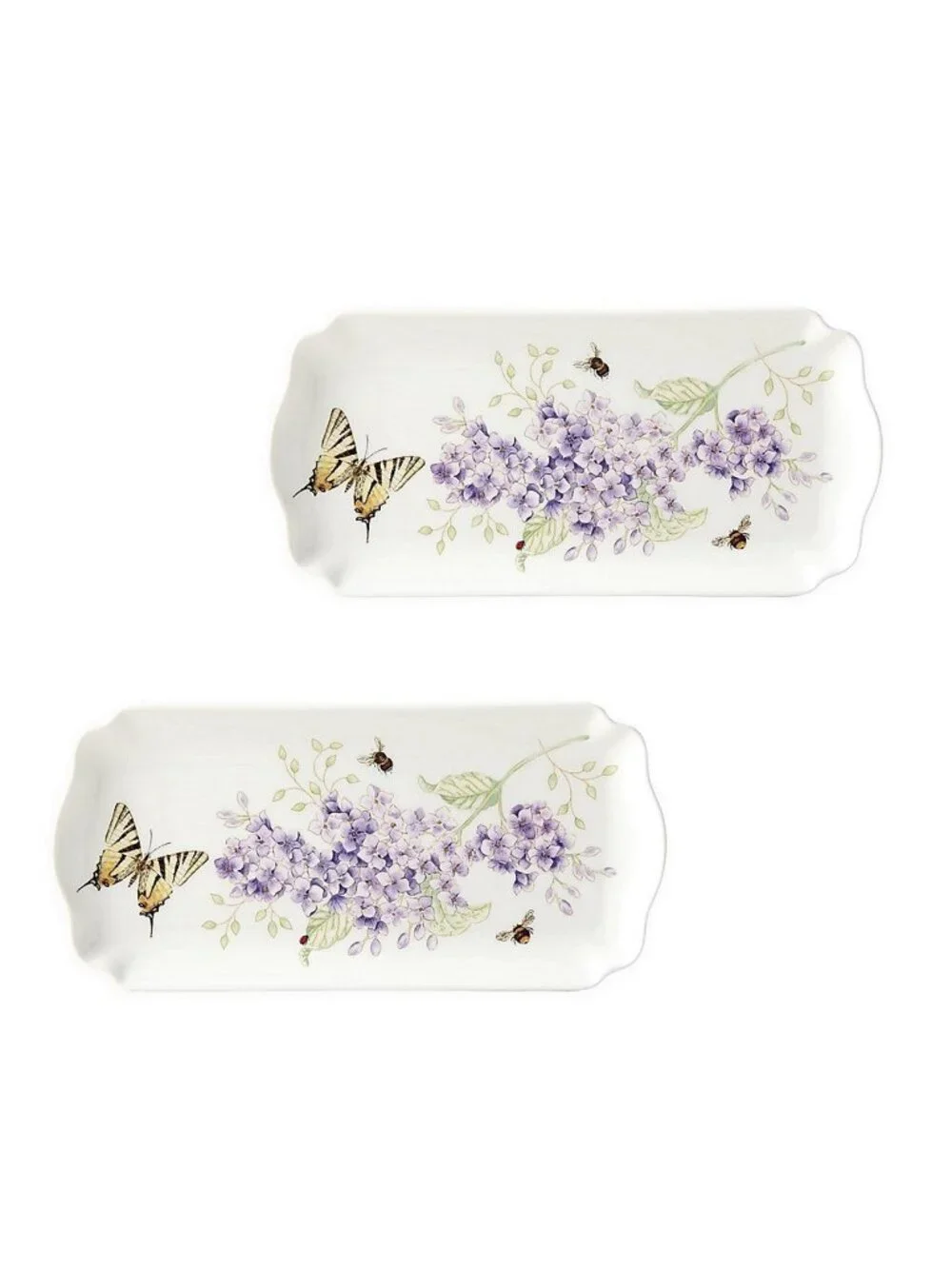 2 Lenox Butterfly Meadow Porcelain Trays LILAC FLORAL SPRIG w/ Tiger Swallowtail