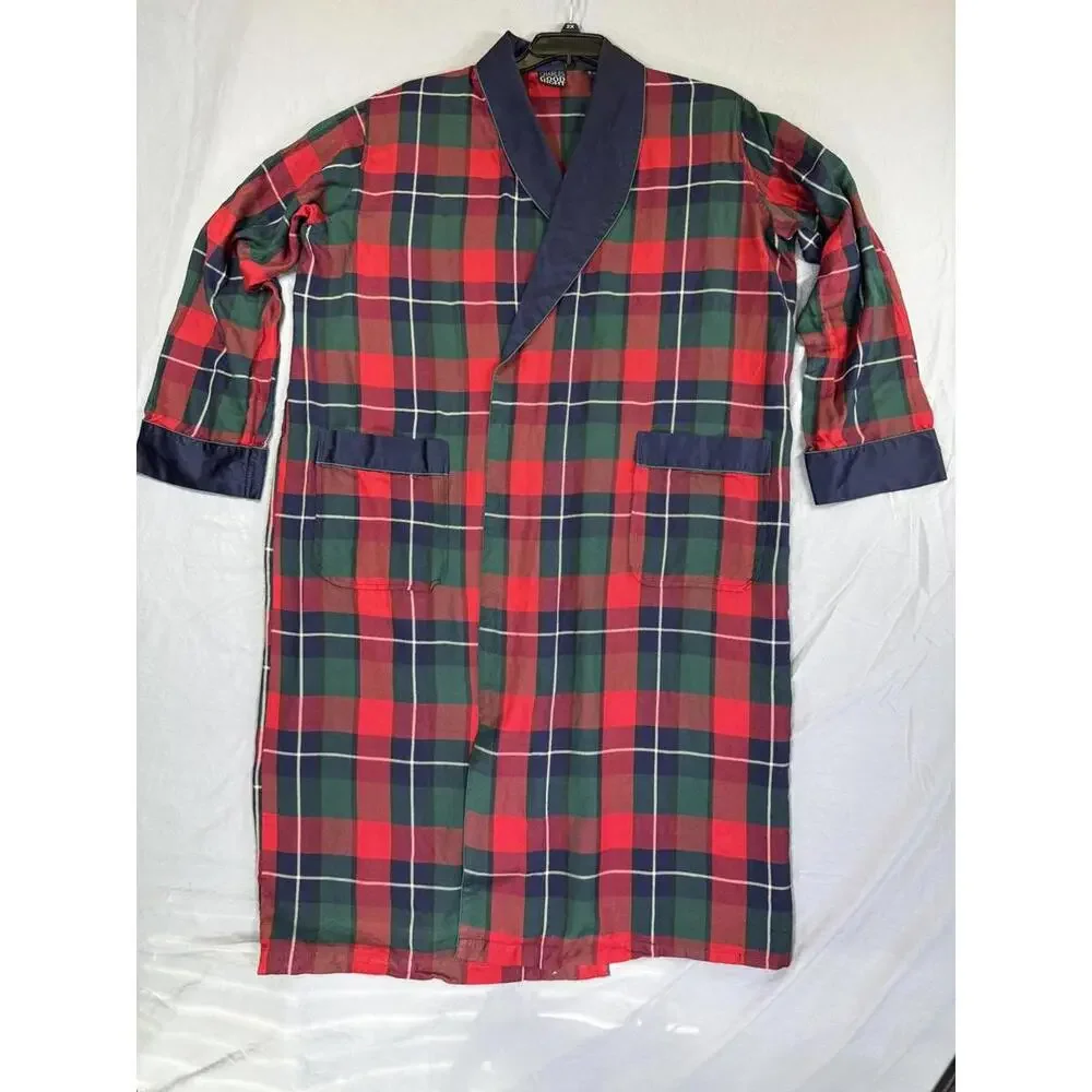 Vintage Charles Good Night Robe Mens XL Red Green Silk Plaid Tartan Lounge 90s‎