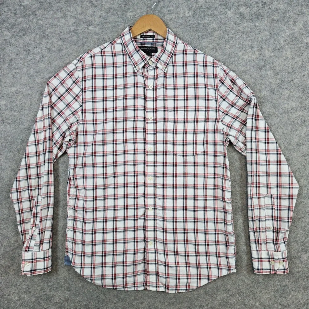Banana Republic Men's White Windowpane Oxford Size‎ M Shirt Slim Untucked SPOTS