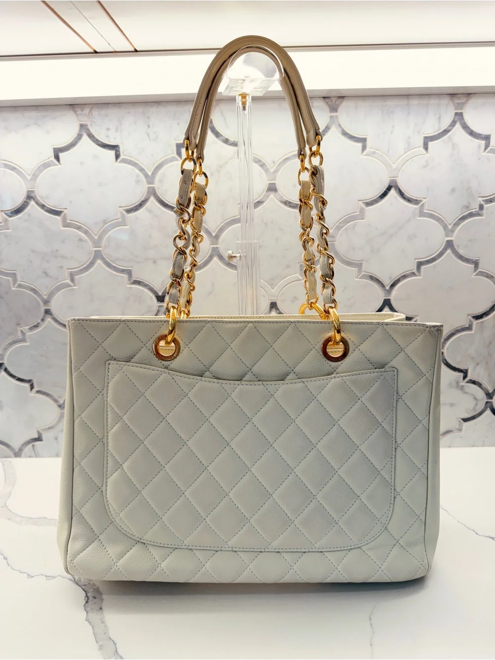 CHANEL Cream Quilted Chain-Handle Tote