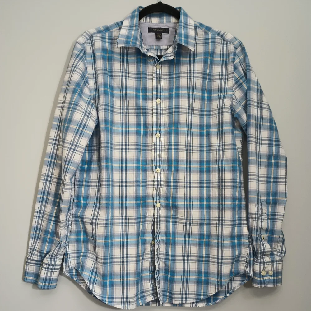 Men's Banana Republic Blue and‎ White Plaid Shirt M 15-15 1/2