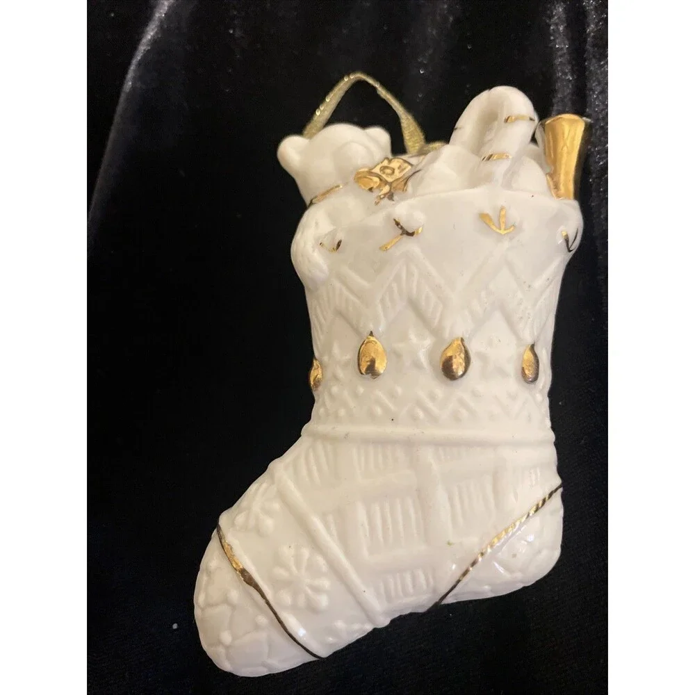 White And Gold Trim Christmas Ornament Porcelain Stocking And Toys Vintage