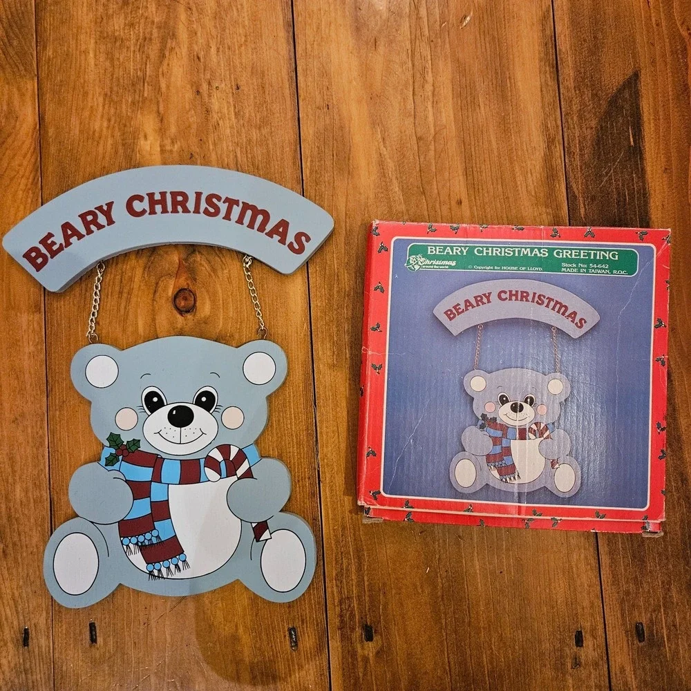 Vintage House of Lloyd Beary Christmas Greeting‎ Wooden Wall Hanging Bear w/ Box
