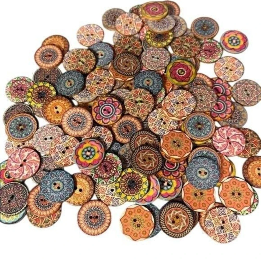 130 Assorted Round Vibrant Wood Buttons Boho Mandala Patterns Crafting Sewing‎