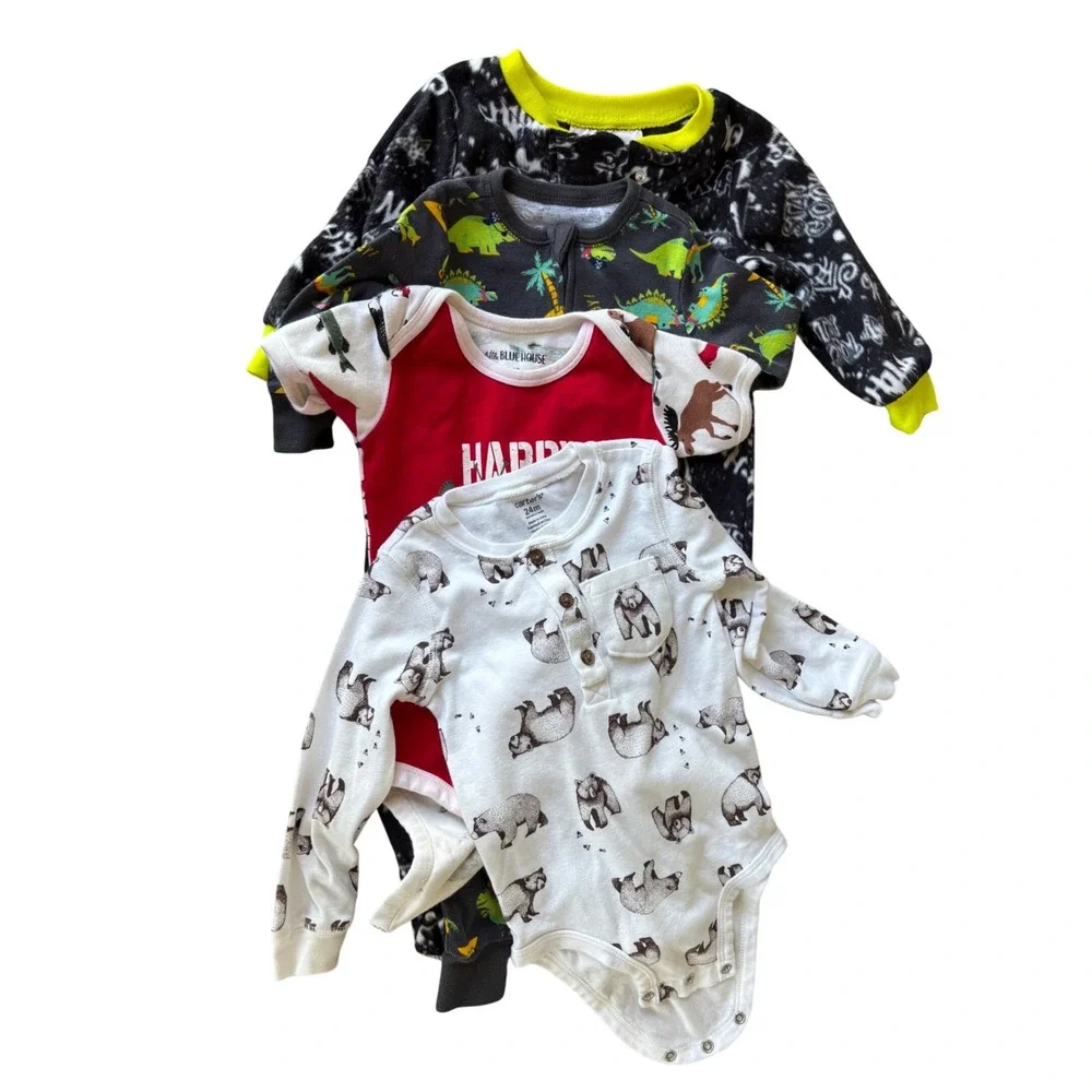 Baby Pajamas Lot of 4 | Dinosaur & Bear Prints | Carter's &‎ Little Blue House |