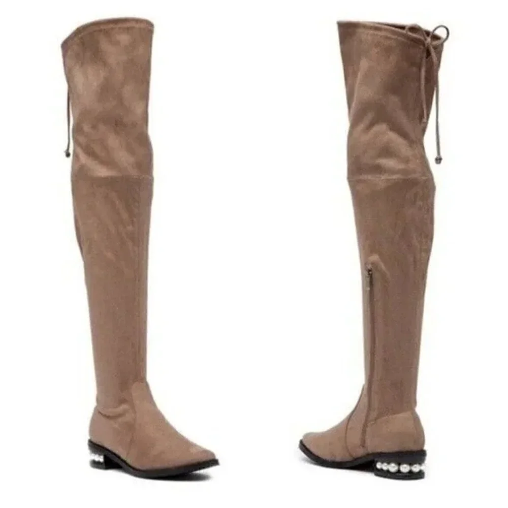 Catherine Malandrino Womens Size 8.5 Perse Embellished Over The Knee Boots Taupe