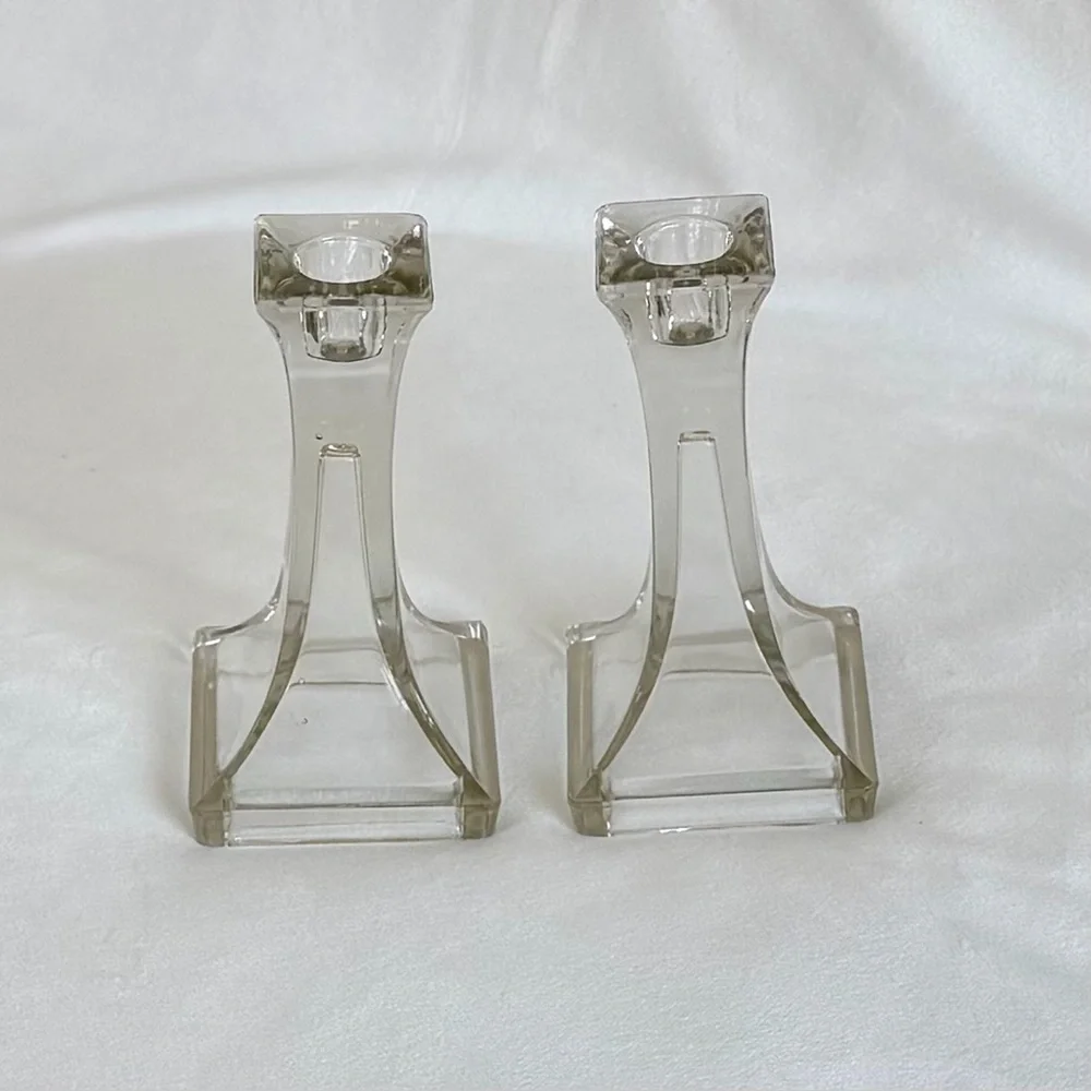 Vintage Clear Glass Candle Holders, Set of 2