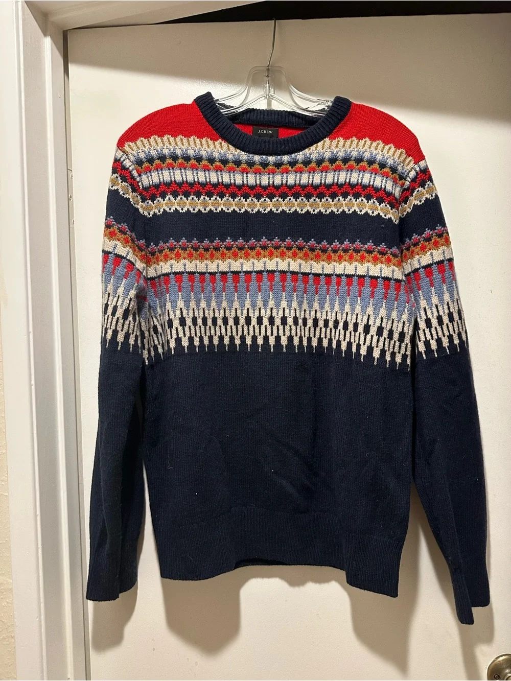 J. Crew Men's Navy Crewneck Sweater w Red, Cream & Light Blue Fair Isle Medium