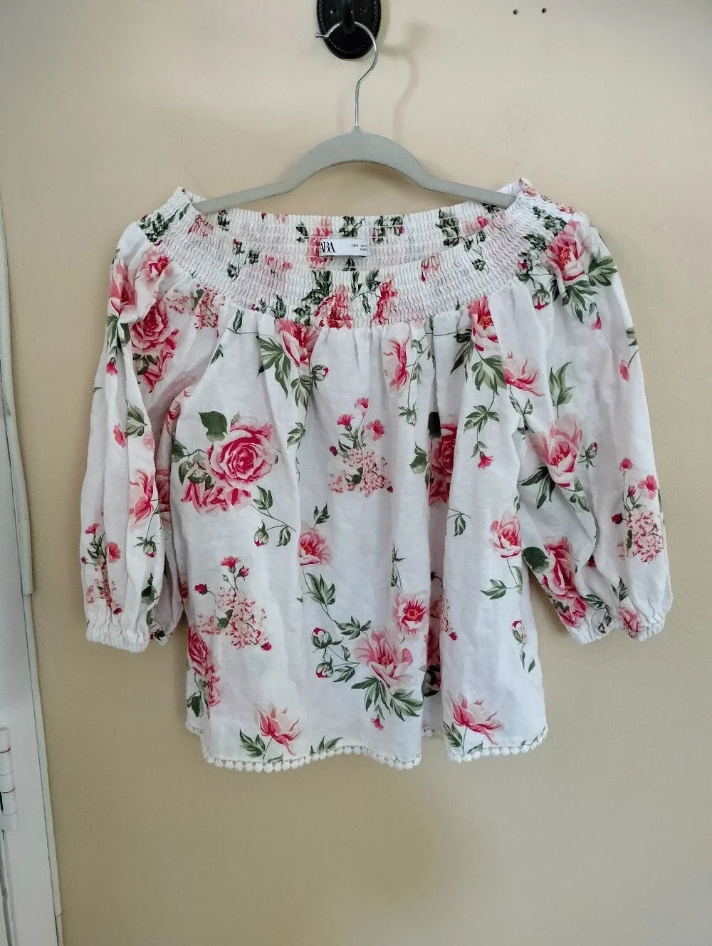 Zara Linen Blend White Pink Floral Relaxed Off-Shoulder Blouse S  Vacation