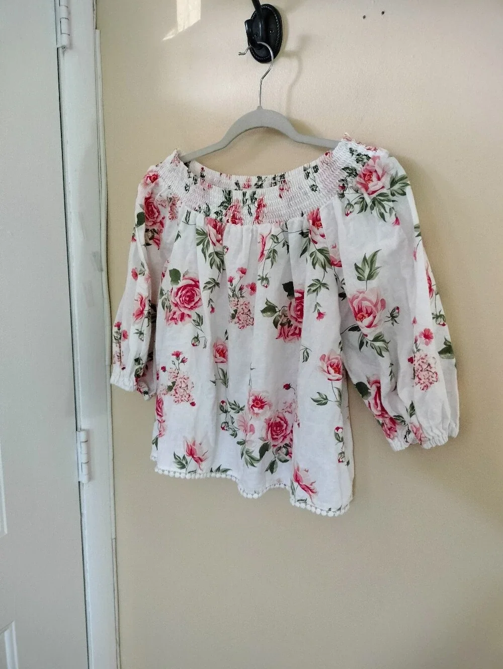Zara Linen Blend White Pink Floral Relaxed Off-Shoulder Blouse S  Vacation