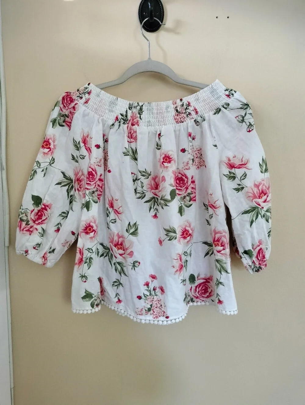 Zara Linen Blend White Pink Floral Relaxed Off-Shoulder Blouse S  Vacation