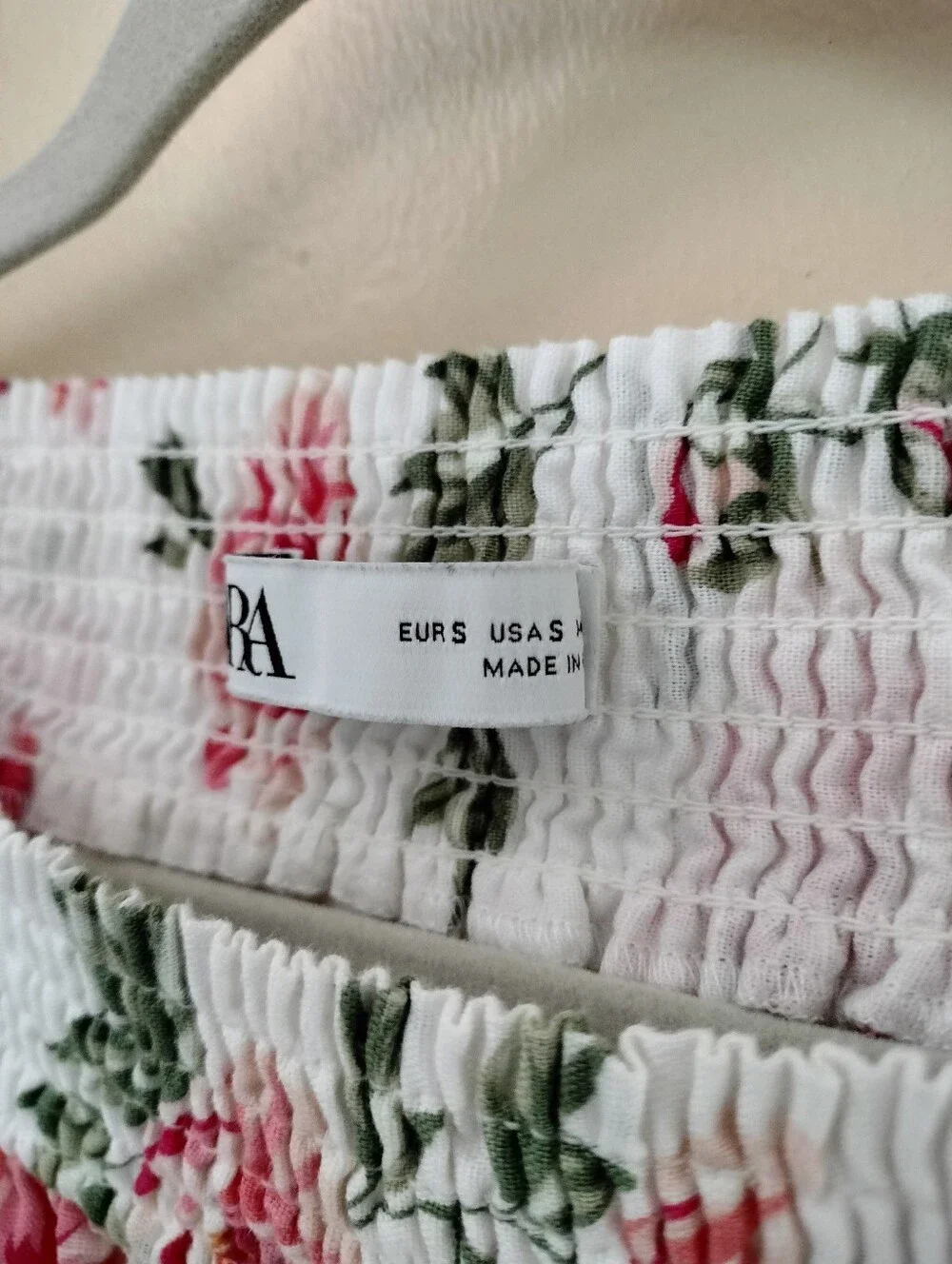 Zara Linen Blend White Pink Floral Relaxed Off-Shoulder Blouse S  Vacation