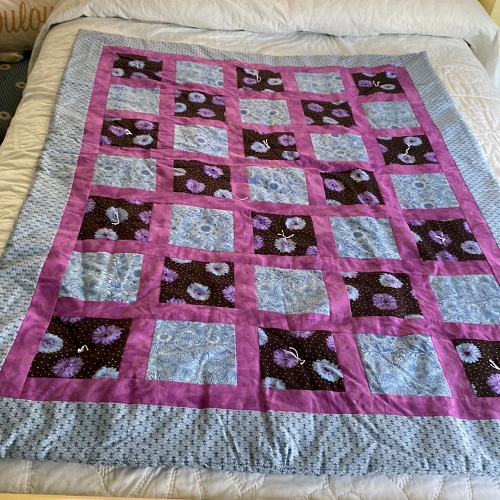 Purple Blue Patchwork Cotton Tie-Knot Lap Quilt