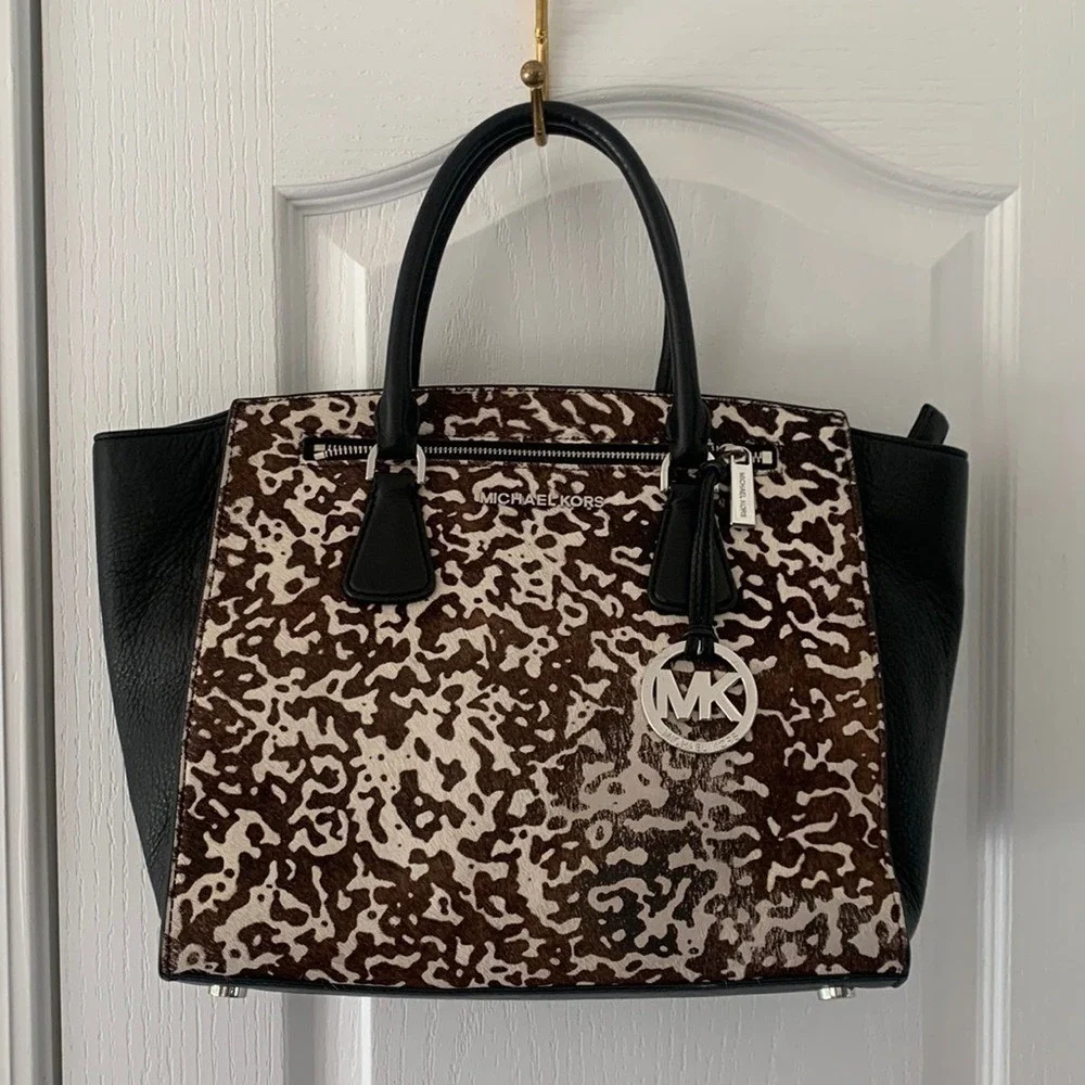 Michael Kors Calf Hair‎ handbag animal print leather tote bag black brown