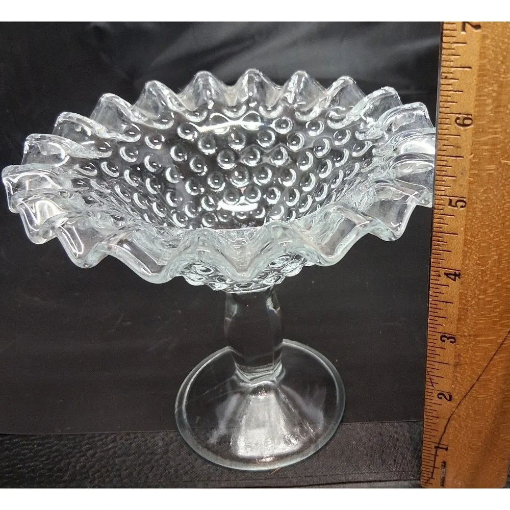 Fenton Clear Hobnail Glass Compote Pedestal Candy Dish Ruffled Rim Vintage