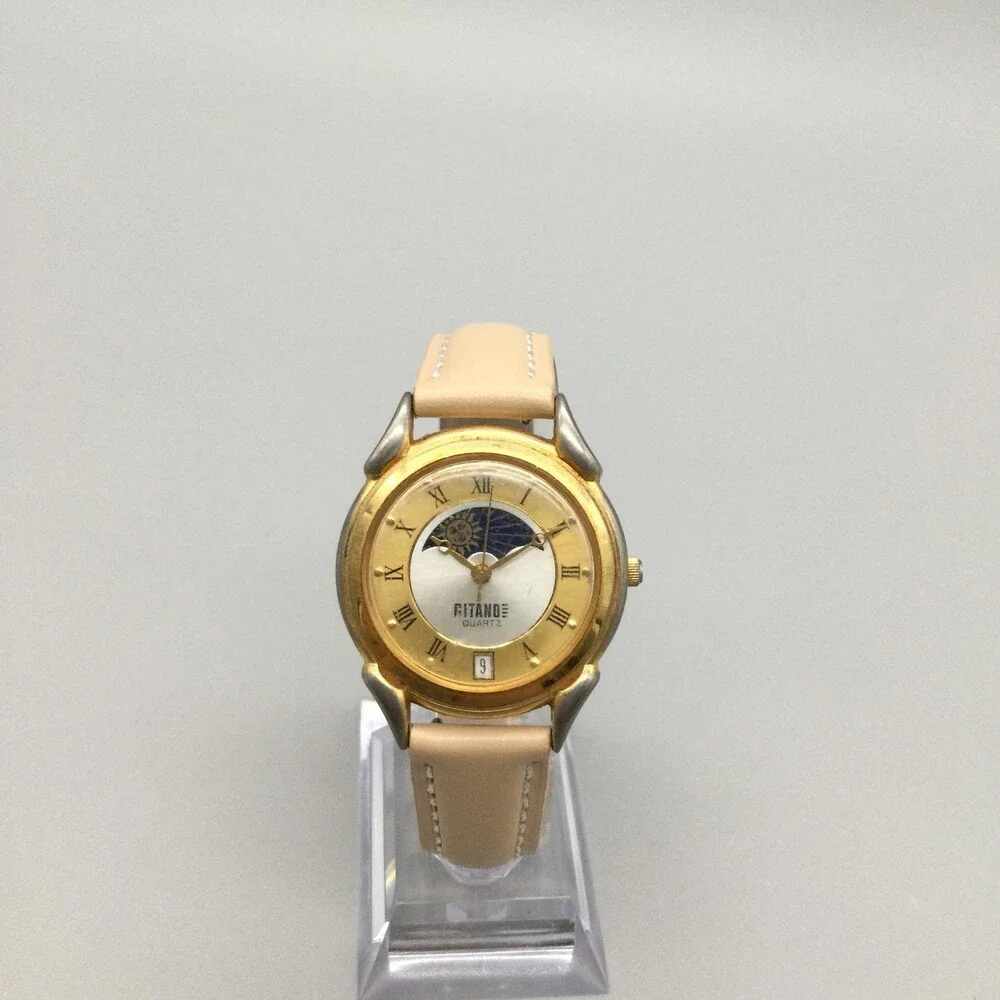 Vintage Gitano Womens Watch 33mm Gold Tone Leather Date Day Night New Battery