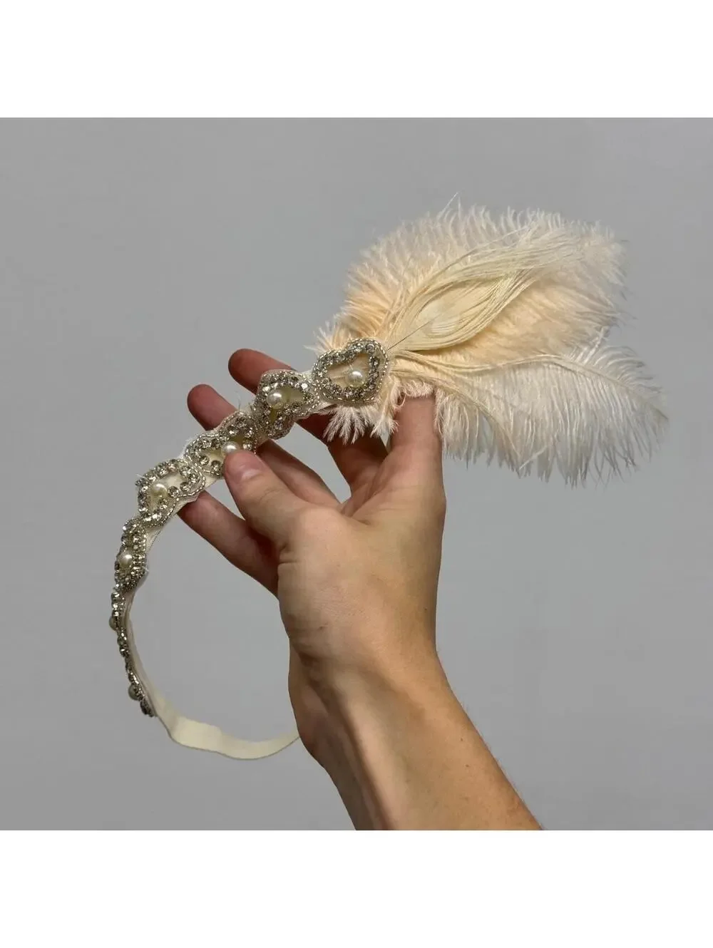 Pastel Peach Feather & Pearl Rhinestone Heart Flapper Headband