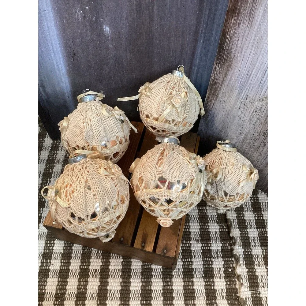 Vintage Alderbrook Lace Covered Silver Glass Christmas Ball Ornaments Set Of 7