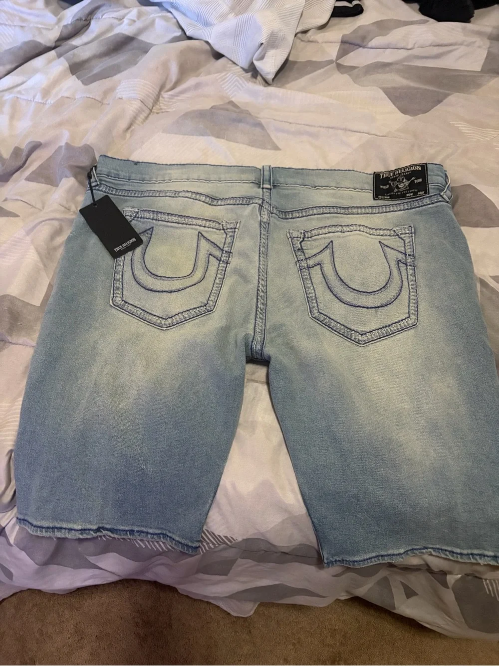 Brand New True Religion F Blue Denim Shorts with Contrast Stitching