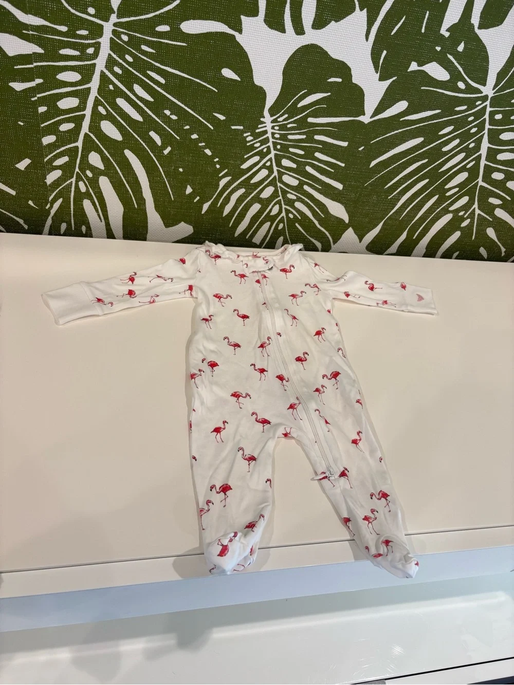 White Baby Footed One-Piece with Pink Flamingo Print🦩🤍