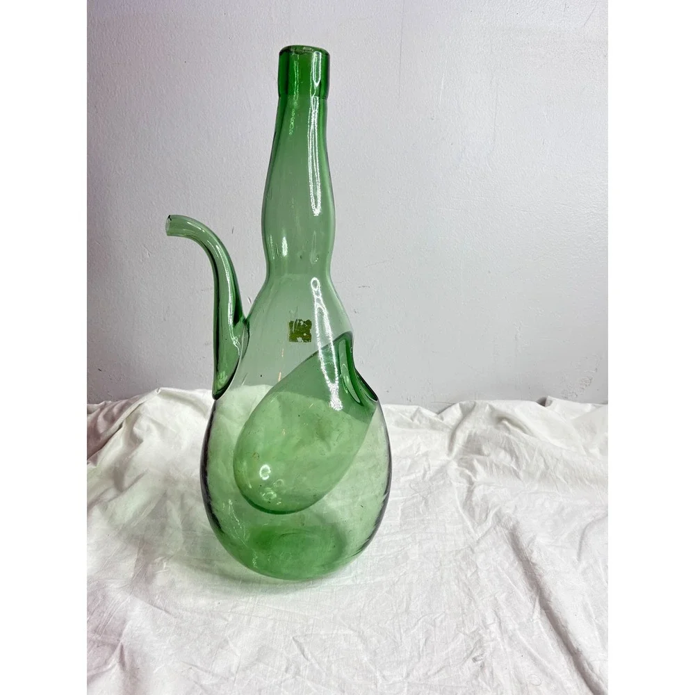 Vintage Green Glass Wine Carafe Decanter with Handle and Spout Unique Art Glass