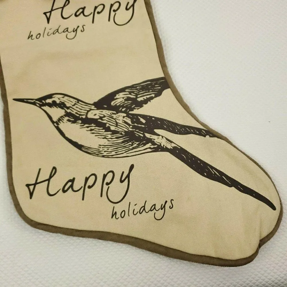 Pier 1 Christmas Stocking Beige Bird Happy Holiday
