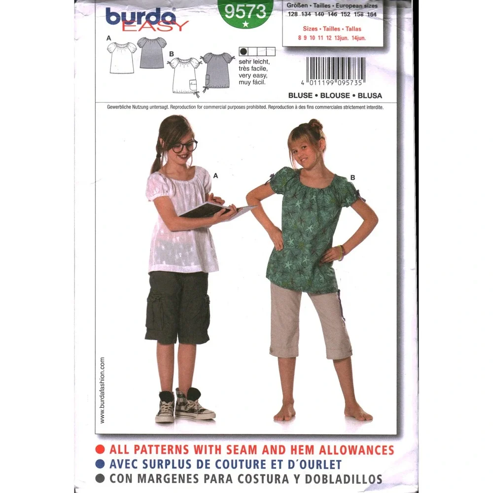 Burda Easy 9573 Girls Blouse Sewing Pattern Peasant Top Tunic Sizes 8-14 CUT