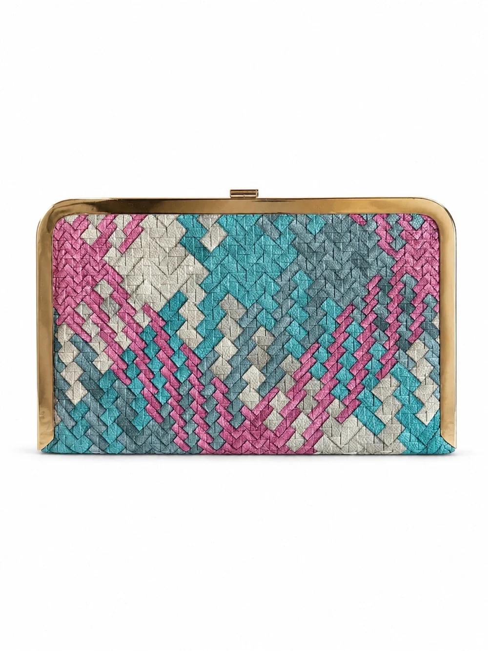 Woven Multicolor Leather Frame Clutch - Pink/Blue/Gray