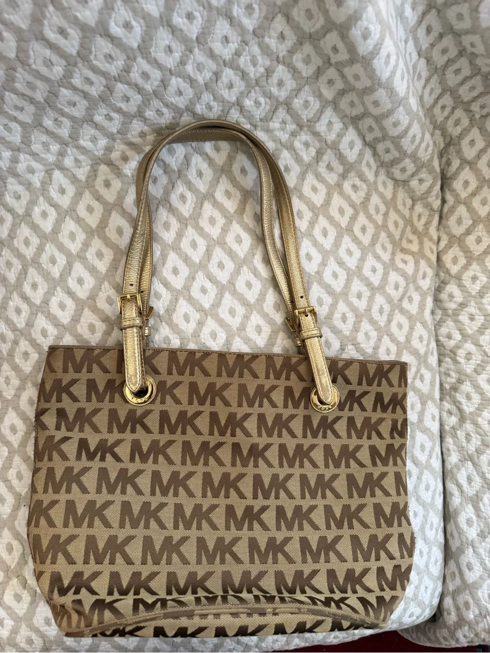 Michael Kors Tan/Brown MK Signature Tote with Gold Straps