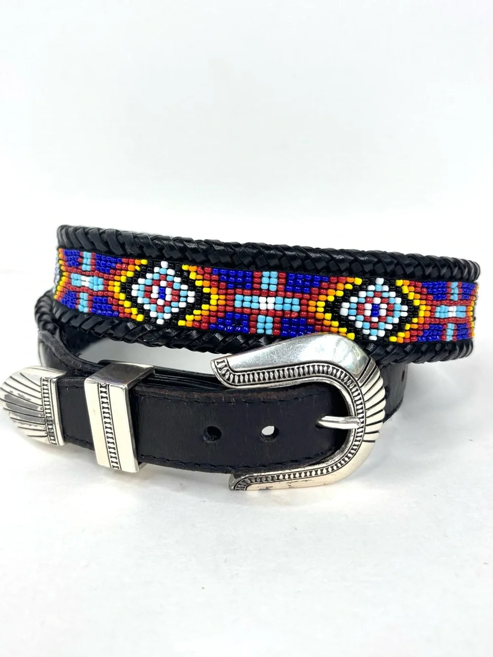 Brighton 1991 Beaded Aztec Southwest Black Braided Leather Belt Silver Buckle M‎