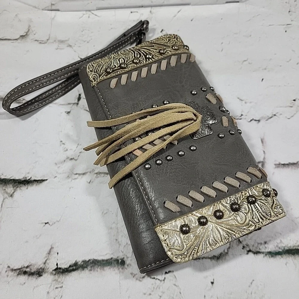 Montana West Wallet Womens Leather Gray Western Clutch‎ Wristlet Fringe Cowgirl