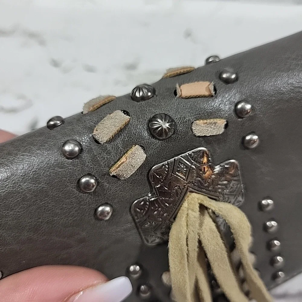 Montana West Wallet Womens Leather Gray Western Clutch‎ Wristlet Fringe Cowgirl