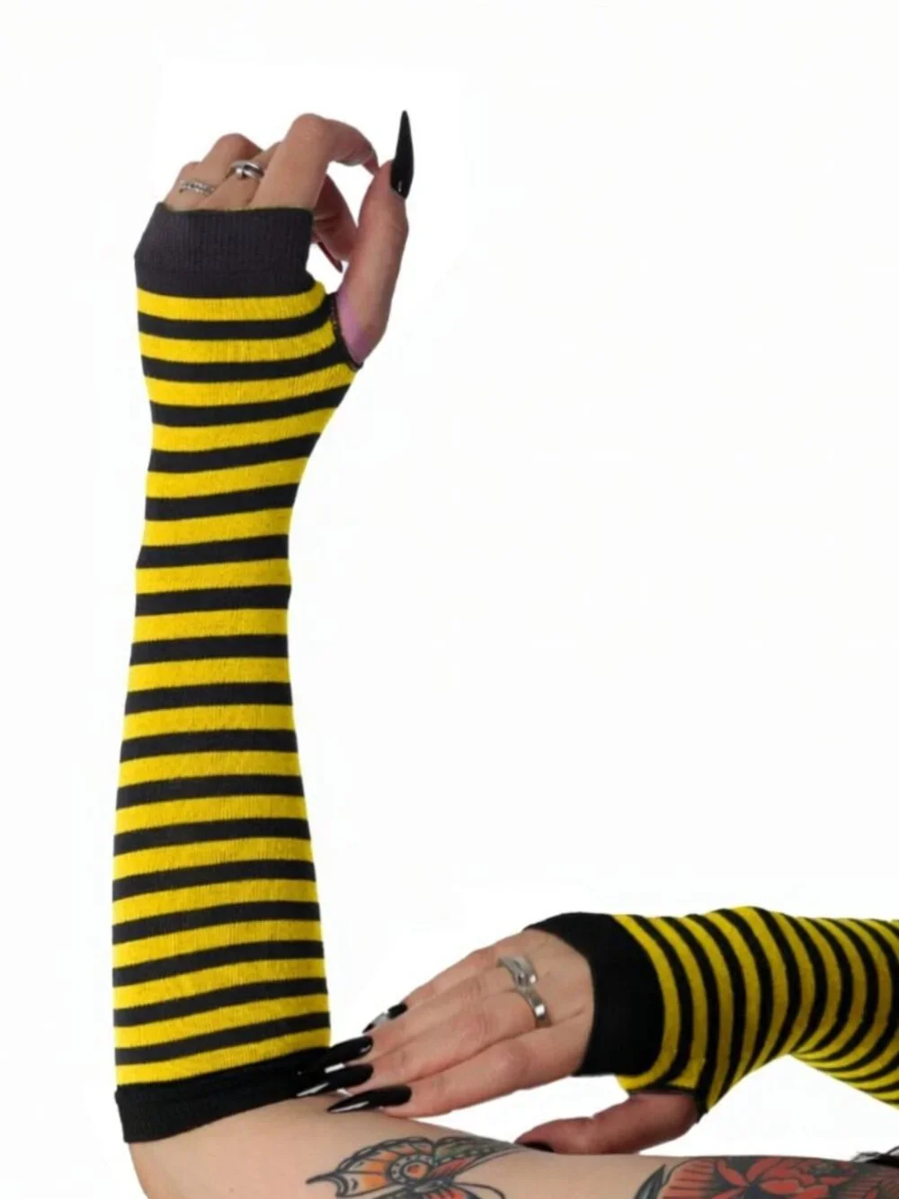Yellow & Black Striped Fingerless Gloves for Women