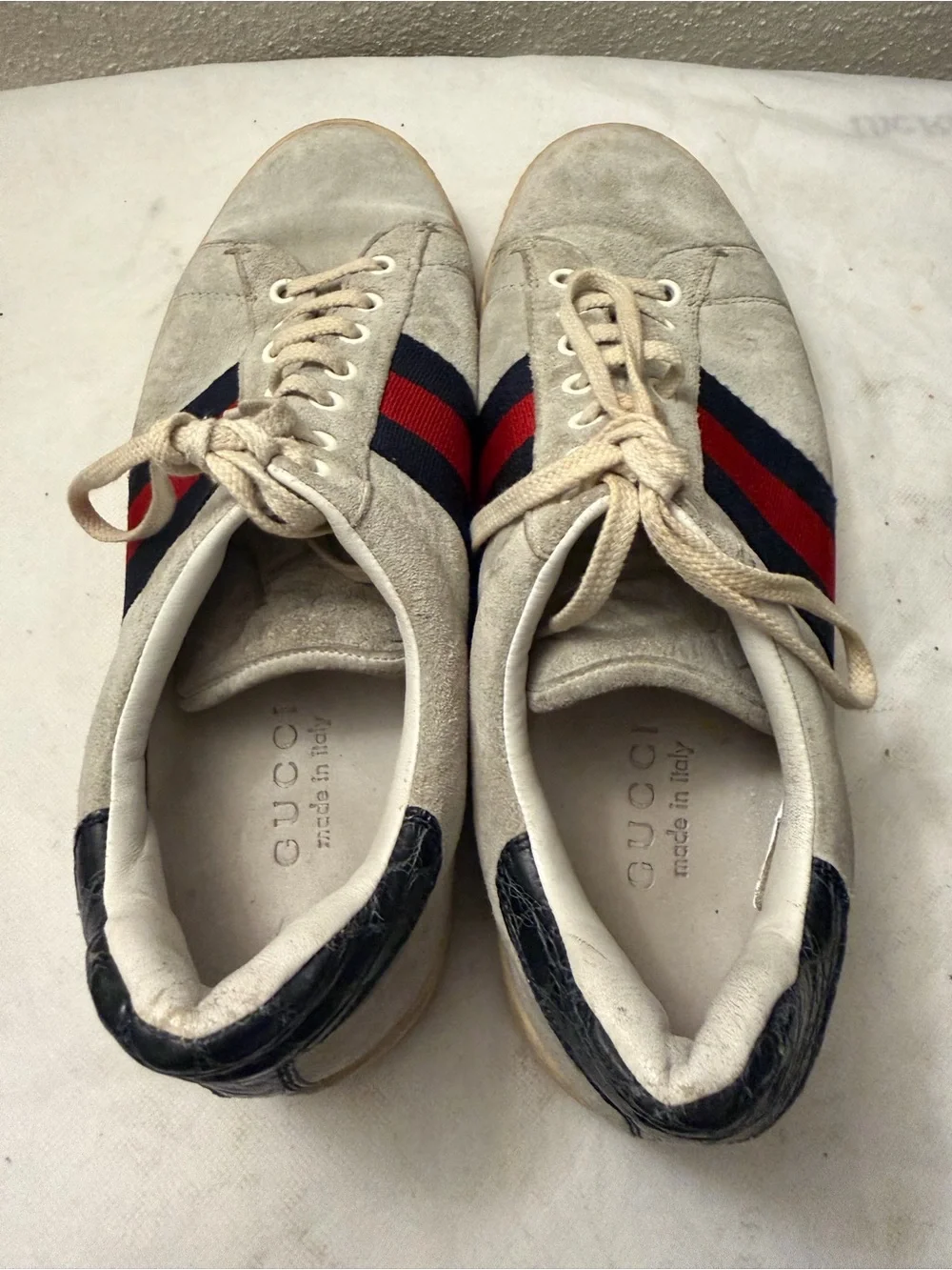Gucci Beige Suede Sneakers with Red & Navy Web Stripe,pre-owned,SZ 8