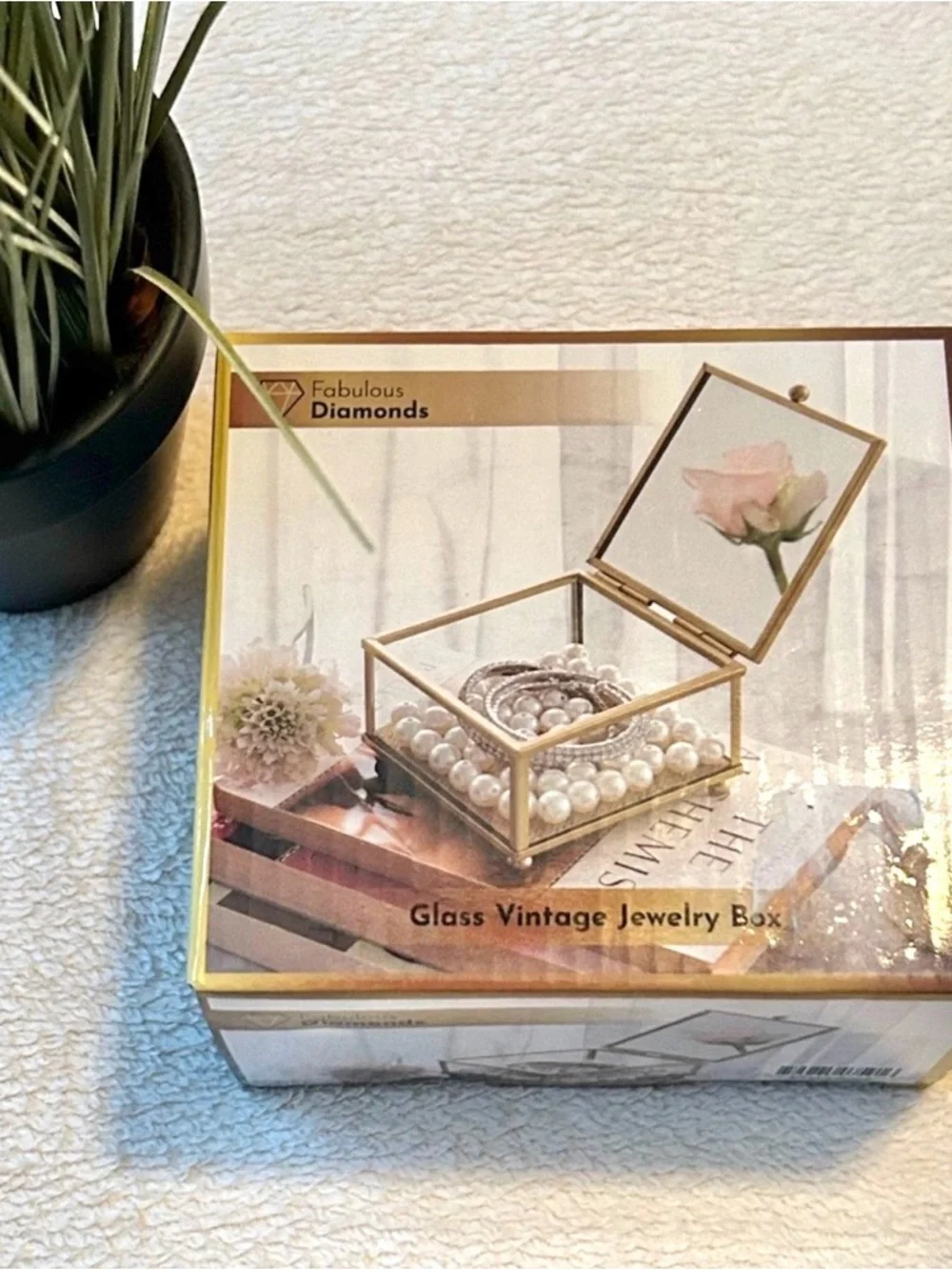 Fabulous Diamond Gold and Glass Jewelry Trinket Box Mirror 4” x 4” x 2.5” NEW
