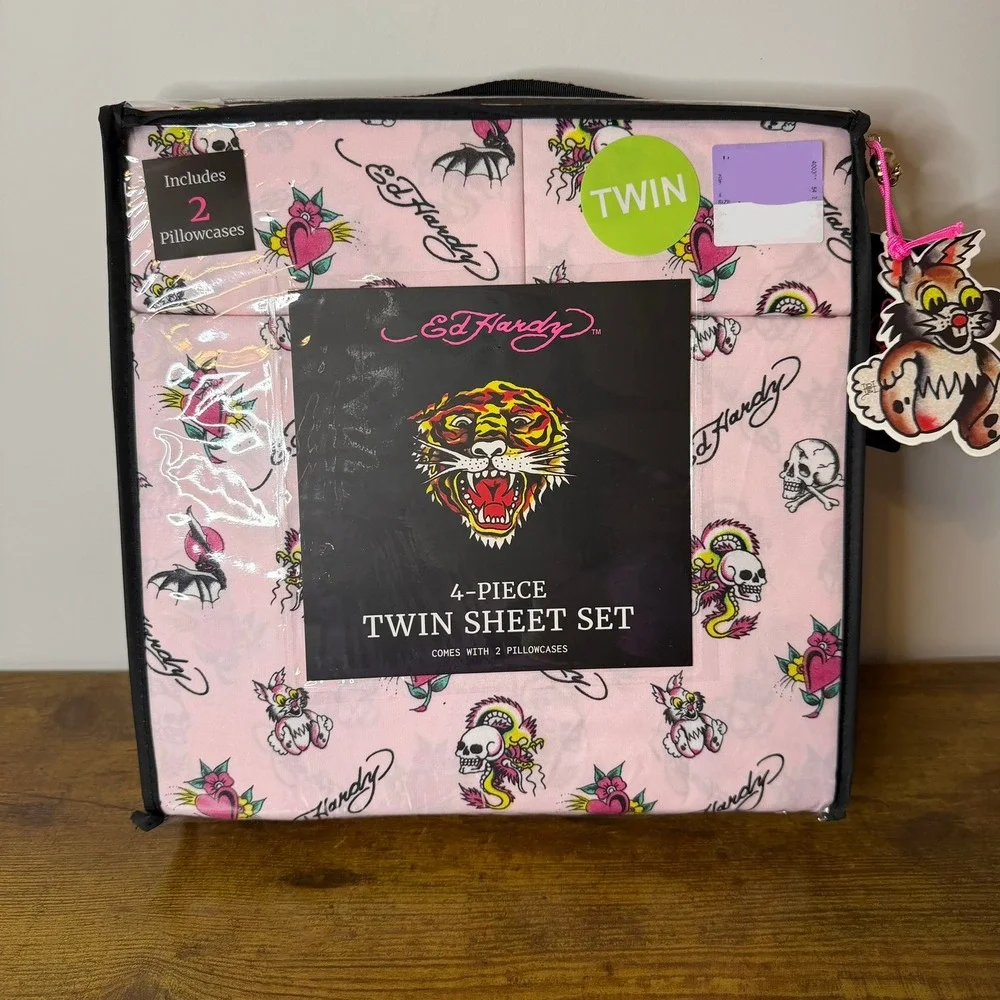 New Ed Hardy Twin 4 Pc Double Brushed Sheet Set Pink Dragon Skull Bedding Y2K