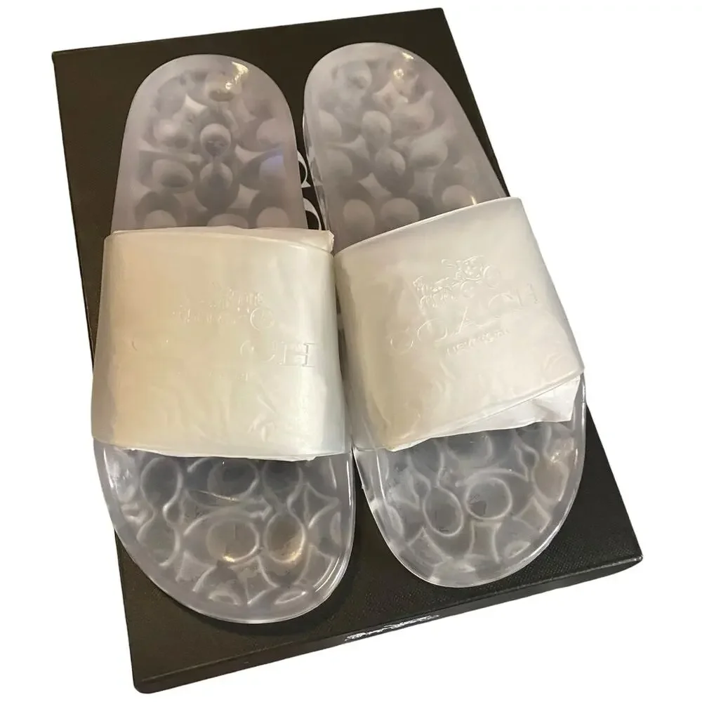 NIB Size 9B COACH Ulyssa Clear Water-Resistant Jelly Rubber Logo Slip-On Slides