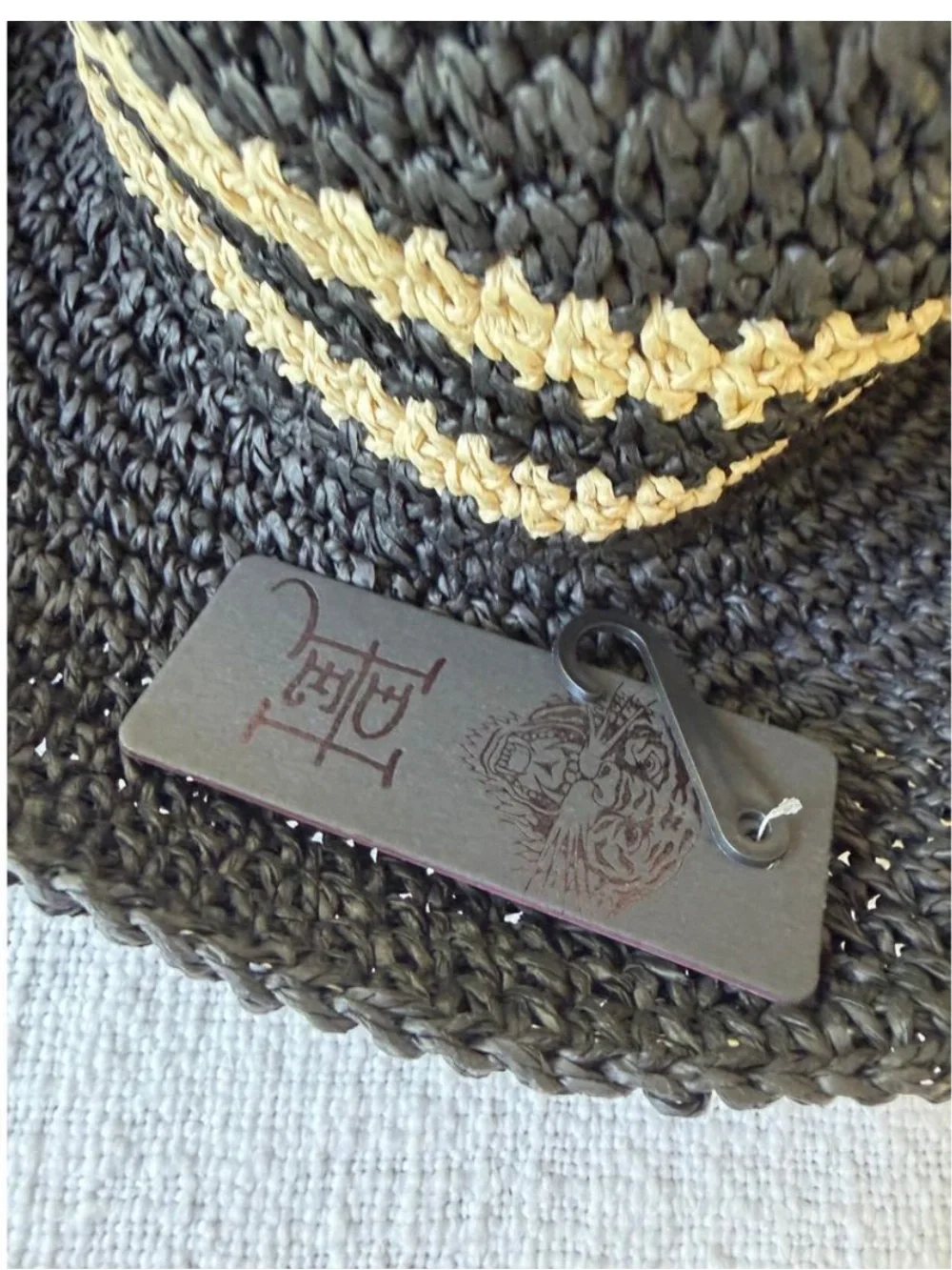 Ed Hardy Black Straw Sun Hat with Tiger Embroidery