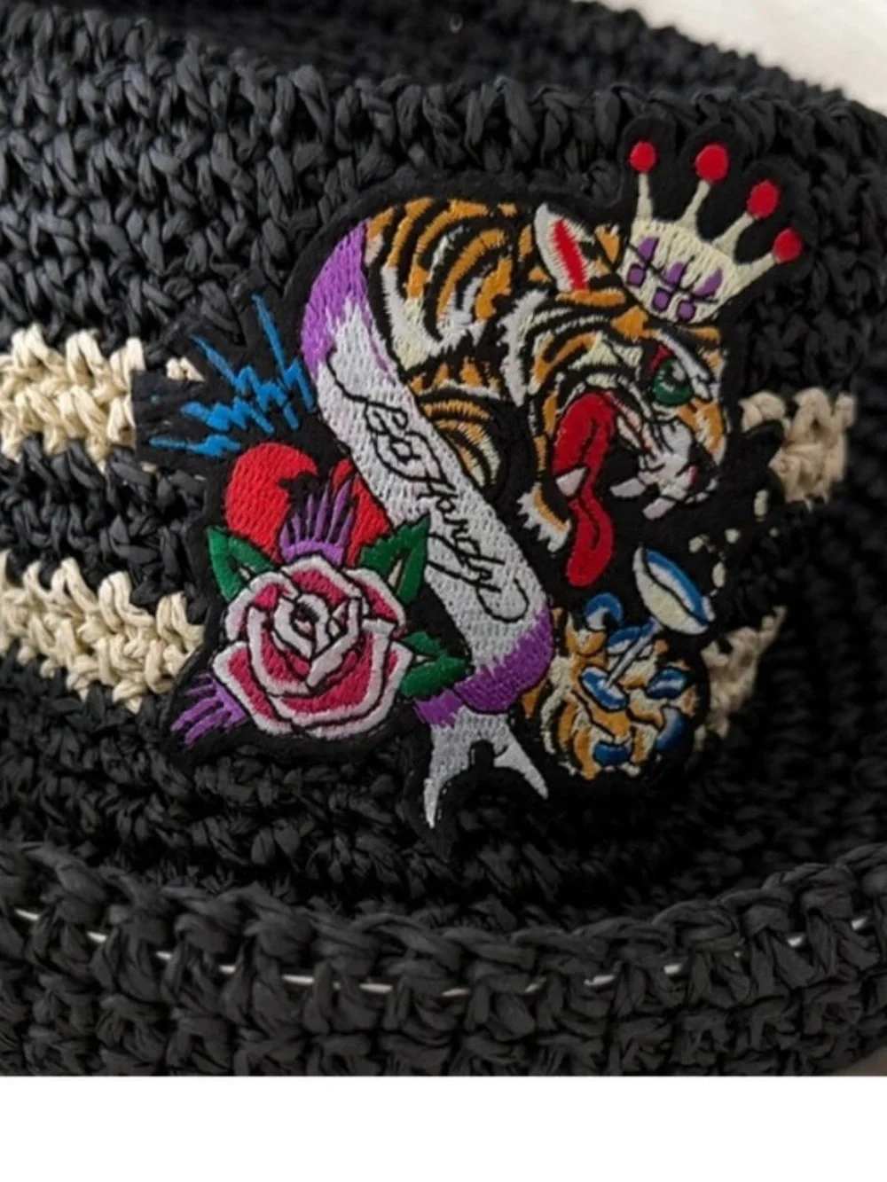 Ed Hardy Black Straw Sun Hat with Tiger Embroidery