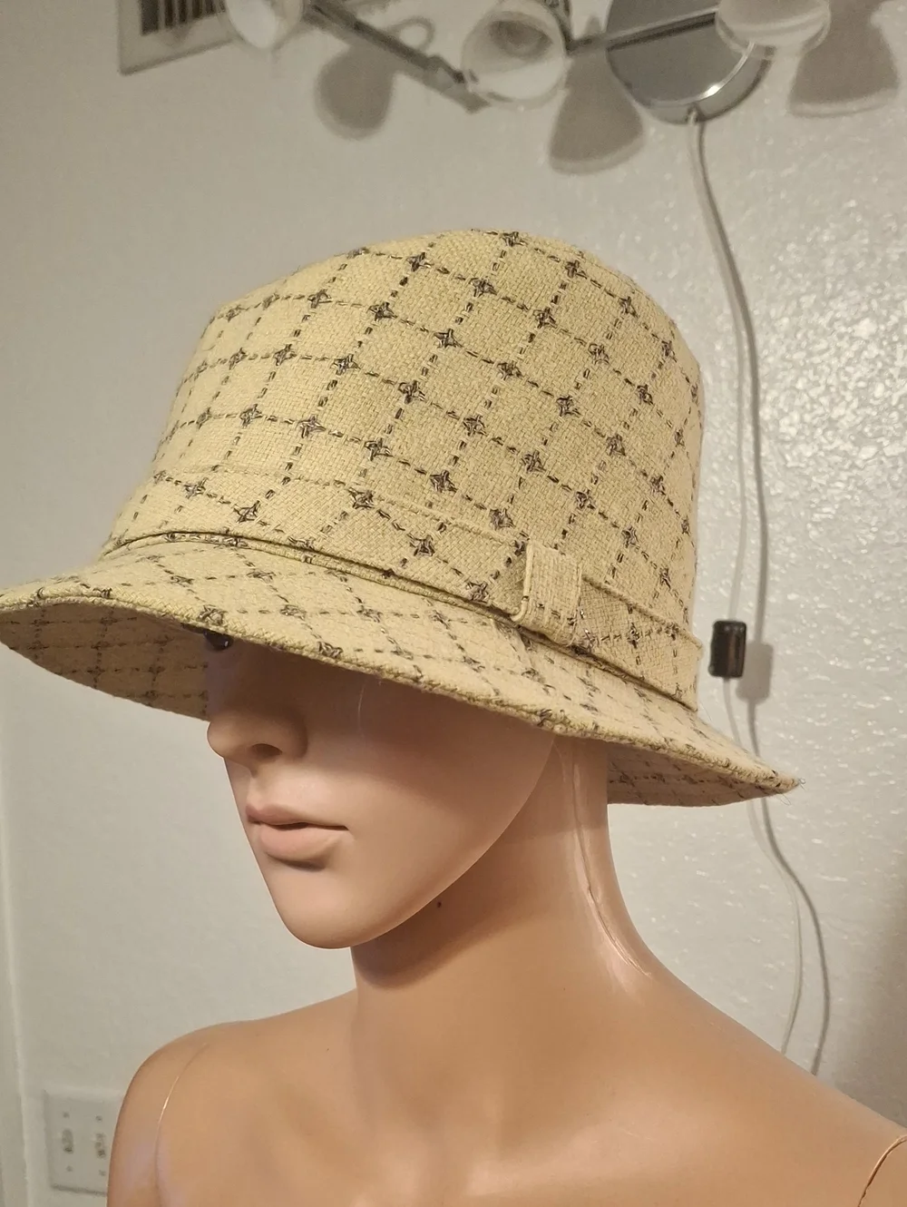 Express Beige Grid-Pattern Bucket Hat